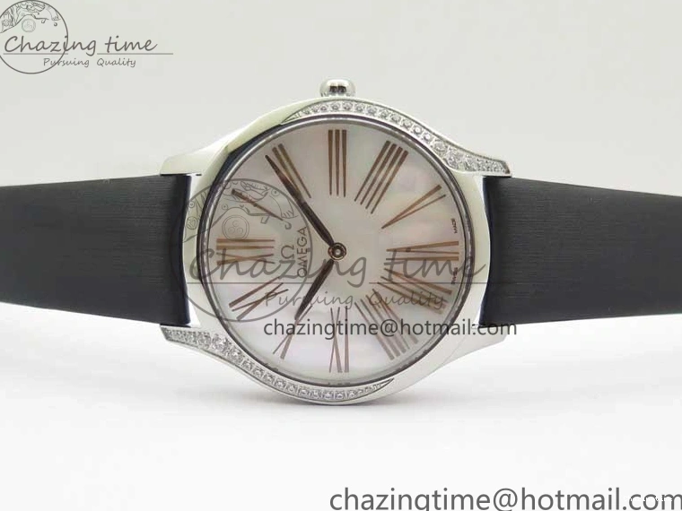 0420 StreetReady Ladies’ De Ville Trésor Diamond SS 3AF 1:1 Best Edition White MOP Dial RG Markers On Black Fabric strap Swiss Quartz 7884